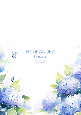 PSD 나비 잎 일러스트 자연 수채화 사람없음 수국 연보라색 꽃프레임 카피스페이스 국내일러스트 식물 꽃 곤충 프레임 보라색 공백 생태계 파일형식