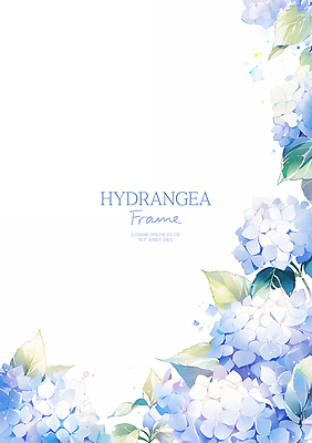 PSD 잎 일러스트 자연 수채화 사람없음 파란색 수국 꽃프레임 카피스페이스 국내일러스트 식물 꽃 컬러 프레임 공백 생태계 파일형식