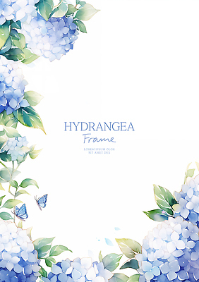 PSD 나비 잎 일러스트 자연 수채화 사람없음 파란색 수국 꽃프레임 카피스페이스 국내일러스트 식물 꽃 컬러 곤충 프레임 공백 생태계 파일형식