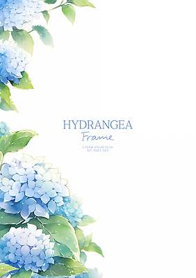 PSD 잎 일러스트 자연 수채화 사람없음 파란색 수국 꽃프레임 카피스페이스 국내일러스트 식물 꽃 컬러 프레임 공백 생태계 파일형식