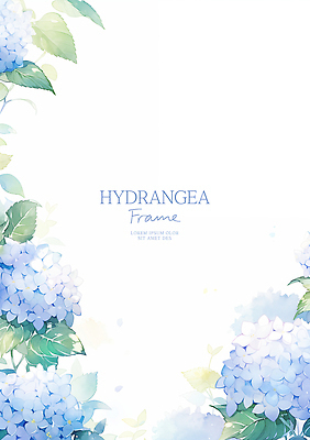 PSD 잎 일러스트 자연 수채화 사람없음 파란색 수국 꽃프레임 카피스페이스 국내일러스트 식물 꽃 컬러 프레임 공백 생태계 파일형식