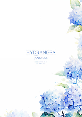 PSD 잎 일러스트 자연 수채화 사람없음 파란색 수국 꽃프레임 카피스페이스 국내일러스트 식물 꽃 컬러 프레임 공백 생태계 파일형식