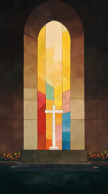 JPG 꽃 기독교 십자가 일러스트 사람없음 빛 컬러풀 교회 평화 고요 예배 신성 스테인드글라스 단상 국내일러스트 AI일러스트 AI콘텐츠 식물 종교 컬러 컨셉 종교건축 유리 건물 파일형식