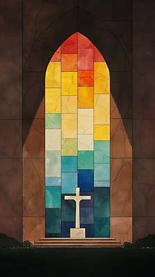 JPG 기독교 십자가 일러스트 사람없음 빛 컬러풀 교회 평화 고요 예배 신성 스테인드글라스 단상 국내일러스트 AI일러스트 AI콘텐츠 종교 컬러 컨셉 종교건축 유리 건물 파일형식