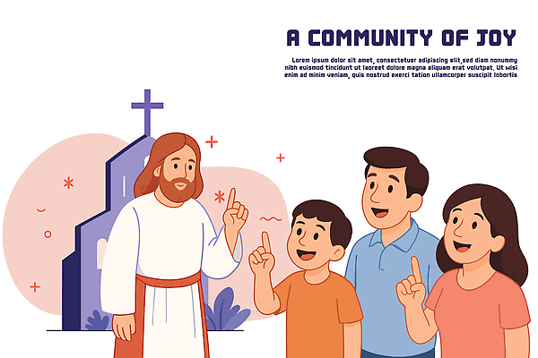 여자 남자 기독교 어린이 일러스트 가족 미소 소년 여러명 상반신 성인 교회 믿음 기쁨 가리킴 풀 예수 공동체 신앙심 국내일러스트 AI파일 식물 감정 종교 다수 관계 종교건축 표정 사람 손짓 건물 신_종교 파일형식 벡터