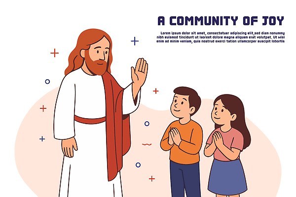 여자 남자 기독교 어린이 일러스트 미소 소녀 소년 성인 세명 교회 믿음 기쁨 기도 손인사 공동체 신앙심 국내일러스트 AI파일 감정 종교 종교건축 표정 사람 건물 인사 파일형식 벡터