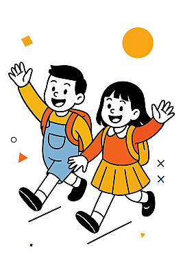 전신 여자 남자 어린이 일러스트 웃음 소녀 소년 두명 친구 손들기 유치원생 즐거움 길건너기 유치원가방 어린이만 국내일러스트 AI파일 감정 가방 관계 모션 표정 사람 건너기 파일형식 벡터