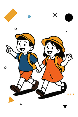 전신 여자 남자 어린이 일러스트 웃음 소녀 소년 두명 친구 손들기 걷기 손잡기 유치원생 가리킴 즐거움 유치원가방 유치원모자 어린이만 국내일러스트 AI파일 모자_잡화 감정 가방 관계 모션 표정 사람 손짓 파일형식 벡터