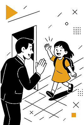 전신 여자 남자 어린이 일러스트 미소 소녀 성인 두명 유치원생 손인사 유치원가방 부녀 국내일러스트 AI파일 딸 가방 가족 표정 사람 인사 아빠 파일형식 벡터