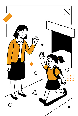 전신 여자 어린이 일러스트 미소 소녀 성인 두명 유치원생 손인사 유치원가방 여자만 국내일러스트 AI파일 가방 표정 사람 인사 파일형식 벡터