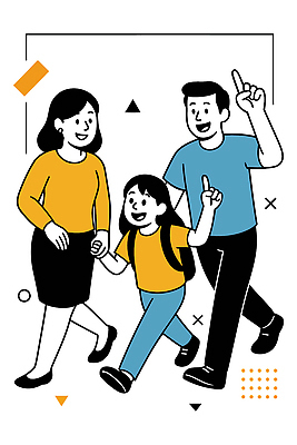 전신 여자 남자 어린이 일러스트 가족 책가방 웃음 소녀 성인 세명 걷기 손잡기 유치원생 가리킴 국내일러스트 AI파일 가방 관계 모션 표정 사람 손짓 파일형식 벡터