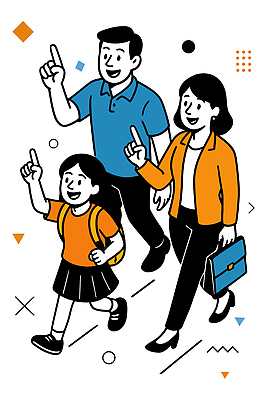 전신 여자 남자 어린이 서류가방 일러스트 가족 책가방 웃음 들기 소녀 성인 세명 걷기 유치원생 가리킴 국내일러스트 AI파일 가방 관계 모션 표정 사람 손짓 파일형식 벡터