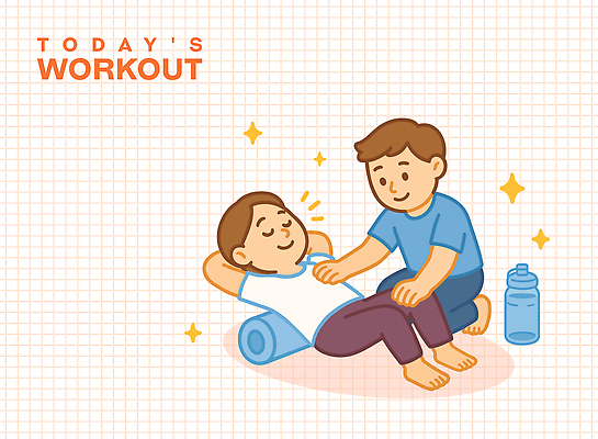 전신 남자 일러스트 미소 성인 두명 반짝임 운동복 눕기 눈감음 잡기 누름 무릎꿇기 웨이트트레이닝 물병 팔베개 살구색 폼롤러 성인남자만 국내일러스트 AI파일 옷 컬러 모션 표정 사람 운동 물통 남자만 성인만 파일형식 벡터