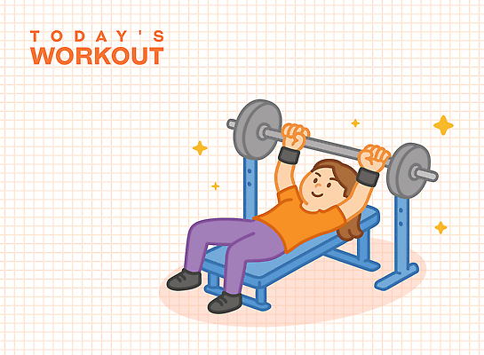 전신 여자 일러스트 한명 미소 들기 성인 반짝임 운동복 눕기 역기 웨이트트레이닝 벤치프레스 살구색 성인여자한명만 국내일러스트 AI파일 1 옷 컬러 모션 표정 사람 운동 운동기구 여자한명만 성인여자만 파일형식 벡터