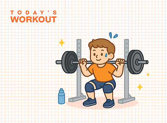 전신 남자 일러스트 한명 미소 들기 성인 반짝임 운동복 아령 웨이트트레이닝 물병 땀 레그프레스 무릎보호대 살구색 성인남자한명만 스쿼트 땀흘리기 국내일러스트 AI파일 1 옷 컬러 컨셉 모션 표정 사람 운동 물통 남자한명만 성인남자만 파일형식 벡터 운동자세