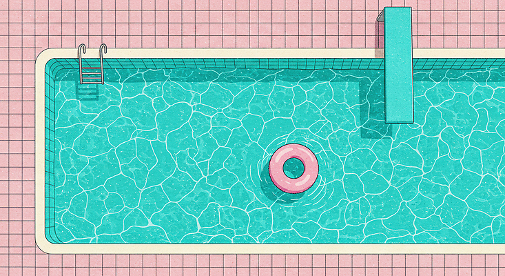 JPG 물결 분홍색 일러스트 사다리 수영장 그림자 사람없음 여름휴가 여름풍경 수면 튜브 다이빙대 민트색 타일바닥 국내일러스트 AI일러스트 AI콘텐츠 컬러 휴가 바닥 풍경 물 도구 다이빙 파일형식 여름_계절