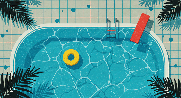 JPG 물결 하늘색 일러스트 사다리 수영장 그림자 사람없음 파란색 여름휴가 여름풍경 수면 튜브 야자수잎 다이빙대 타일바닥 국내일러스트 AI일러스트 AI콘텐츠 컬러 잎 휴가 바닥 풍경 물 도구 다이빙 파일형식 여름_계절