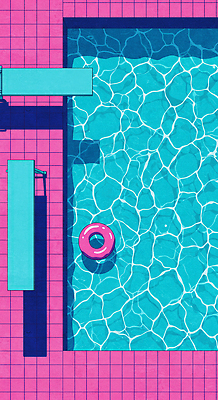 JPG 물결 하늘색 일러스트 수영장 그림자 사람없음 여름휴가 여름풍경 수면 튜브 다이빙대 진분홍색 타일바닥 국내일러스트 AI일러스트 AI콘텐츠 분홍색 휴가 바닥 풍경 물 파란색 다이빙 파일형식 여름_계절