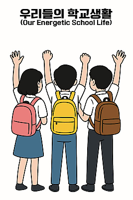 전신 여자 남자 교복 일러스트 청소년 책가방 뒷모습 세명 친구 스쿨라이프 손들기 만세 십대만 일러캐릭터 AI파일 캐릭터 라이프스타일 옷 뷰포인트 가방 학교 관계 모션 사람 파일형식 벡터