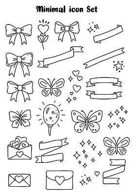 아이콘 꽃 별 리본 나비 스티커 편지봉투 사람없음 반짝임 세트 라벨 하트 라인아트 심플 풍선 드로잉 미니멀 2D아이콘 AI파일 자연요소 모양 식물 선 곤충 모션 봉투 프레임 미술 편지 파일형식 벡터