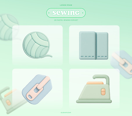 PSD 아이콘 사람없음 초록색 3D아이콘 3D 바느질 천 겹침 다리미 지퍼 실뭉치 부자재 손바느질 편집3D 컬러 가전제품 직물 디지털합성 파일형식