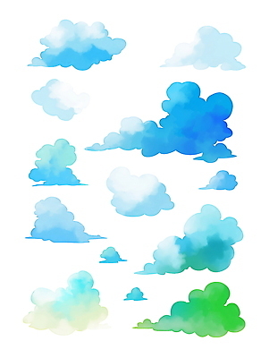 PSD 구름 하늘색 일러스트 수채화 사람없음 세트 국내일러스트 자연요소 파란색 파일형식