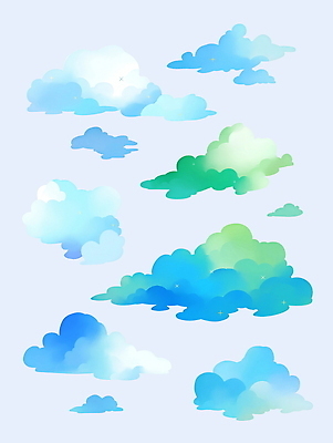 PSD 구름 하늘색 일러스트 수채화 사람없음 세트 국내일러스트 자연요소 파란색 파일형식