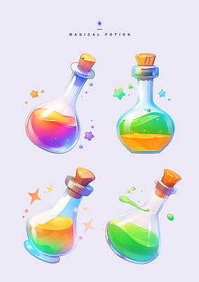 PSD 별 일러스트 사람없음 반짝임 세트 컬러풀 마개 게임 액체 신비 오브젝트 마법 물약 아이템 물약병 국내일러스트 자연요소 컬러 컨셉 모션 놀이 약 뚜껑 파일형식
