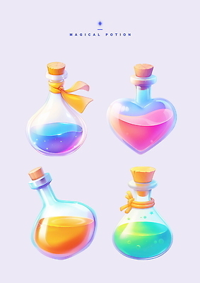 PSD 리본 일러스트 사람없음 세트 컬러풀 마개 게임 액체 신비 오브젝트 마법 물약 아이템 물약병 국내일러스트 컬러 컨셉 놀이 약 뚜껑 파일형식