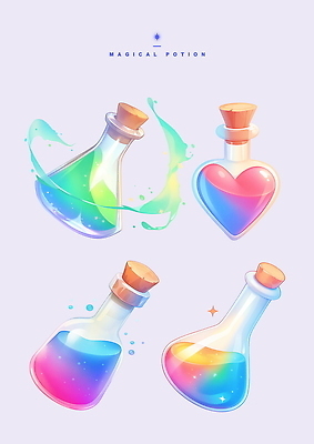 PSD 일러스트 사람없음 반짝임 세트 컬러풀 마개 게임 액체 신비 오브젝트 마법 물약 아이템 물약병 국내일러스트 컬러 컨셉 모션 놀이 약 뚜껑 파일형식