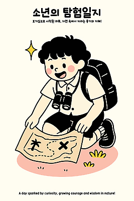 전신 남자 어린이 일러스트 책가방 한명 웃음 소년 잔디 반짝임 망원경 펼침 탐험 일기 무릎꿇기 보물지도 소년한명만 일러캐릭터 AI파일 식물 캐릭터 1 지도 가방 모션 표정 사람 남자한명만 소년만 파일형식 벡터