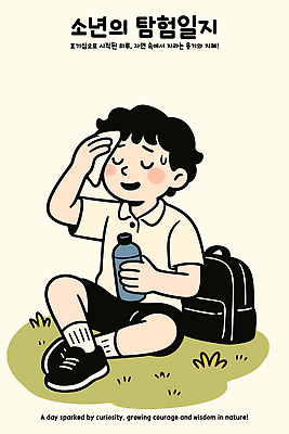 전신 남자 어린이 일러스트 휴식 책가방 한명 웃음 들기 앉기 소년 잔디 탐험 일기 물병 땀 손수건 닦기 소년한명만 일러캐릭터 AI파일 식물 캐릭터 1 컨셉 가방 모션 표정 사람 물통 남자한명만 소년만 파일형식 벡터