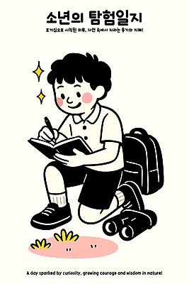 전신 남자 어린이 일러스트 책가방 한명 웃음 들기 소년 잔디 반짝임 펜 다이어리 망원경 탐험 기록 일기 무릎꿇기 소년한명만 일러캐릭터 AI파일 식물 캐릭터 1 가방 모션 표정 사람 필기구 사무용품 남자한명만 소년만 파일형식 벡터