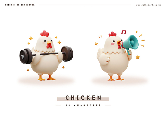 PSD 편집이미지 음표 3D캐릭터 미소 들기 사람없음 반짝임 세트 운동 3D 귀여움 확성기 역기 닭캐릭터 편집3D 캐릭터 기호 음악 동물캐릭터 컨셉 모션 표정 건강 닭 디지털합성 파일형식