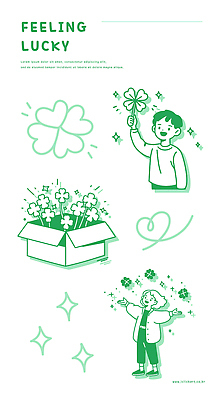 전신 여자 남자 어린이 일러스트 미소 들기 소녀 소년 상반신 두명 초록색 반짝임 상자 손들기 하트 행운 네잎클로버 어린이만 국내일러스트 AI파일 모양 식물 컬러 컨셉 모션 표정 사람 클로버 파일형식 벡터