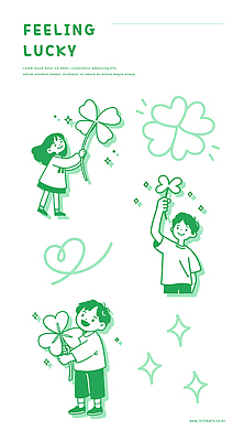 전신 여자 남자 어린이 일러스트 미소 들기 소녀 소년 세명 초록색 반짝임 하트 행운 네잎클로버 주머니손 세잎클로버 어린이만 국내일러스트 AI파일 모양 식물 컬러 컨셉 모션 표정 사람 클로버 파일형식 벡터