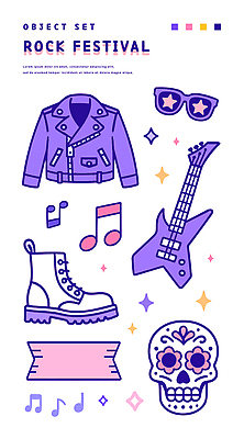 별 음표 일러스트 해골 사람없음 반짝임 세트 선글라스 보라색 일렉기타 가죽자켓 워커 락 락페스티벌 음악축제 국내일러스트 AI파일 자연요소 기호 안경 음악 컬러 신발 모션 뼈 축제 재킷 기타 로큰롤 파일형식 벡터