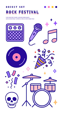 음표 일러스트 해골 폭죽 사람없음 반짝임 세트 보라색 스피커 레코드 마이크 드럼 꽃가루 락 락페스티벌 음악축제 국내일러스트 AI파일 기호 음악 컬러 음향기기 모션 타악기 뼈 축제 음반 가루 로큰롤 파일형식 벡터