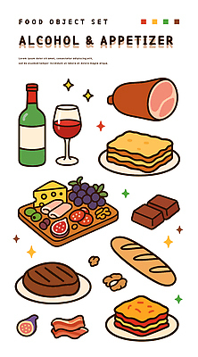 접시 와인잔 일러스트 포도 치즈 스테이크 사람없음 반짝임 세트 초콜릿 소시지 바게트 안주 와인병 올리브 호두 베이컨 무화과 나무도마 라자냐 살라미 하몽 맛있는 국내일러스트 AI파일 식기 열매 빵 술잔 과일 모션 병_용기 디저트 유제품 도마 서양음식 돼지고기 목재 와인 견과류 가공식품 이탈리아음식 햄 파일형식 벡터