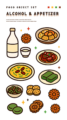 그릇 접시 일러스트 사람없음 반짝임 세트 동그랑땡 안주 막걸리 약과 나물무침 녹두전 도토리묵 매실장아찌 쑥떡 막걸리잔 맛있는 국내일러스트 AI파일 식기 술잔 모션 떡 주류 전통음식 전 무침 장아찌 파일형식 벡터