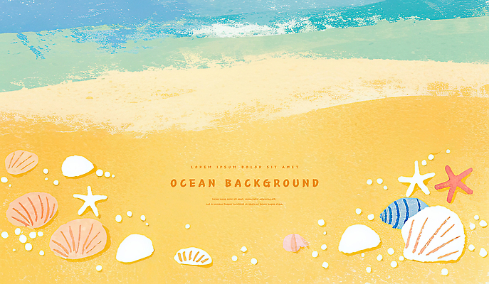 PSD 백그라운드 일러스트 조개 색연필 수채화 불가사리 사람없음 모래사장 노란색 카피스페이스 국내일러스트 바다 컬러 어패류 학용품 극피동물 공백 파일형식