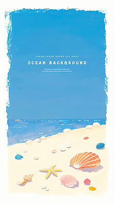 PSD 하늘색 백그라운드 일러스트 하늘 조개 색연필 수채화 불가사리 사람없음 모래사장 수평선 카피스페이스 국내일러스트 바다 어패류 학용품 극피동물 파란색 공백 파일형식