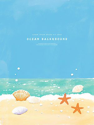 PSD 하늘색 백그라운드 일러스트 하늘 조개 색연필 수채화 불가사리 사람없음 모래사장 거품 조약돌 수평선 카피스페이스 국내일러스트 바다 어패류 학용품 극피동물 파란색 공백 돌_바위 파일형식