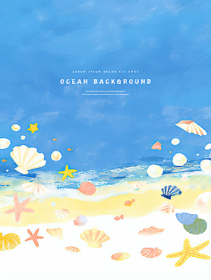 PSD 바다 하늘색 백그라운드 일러스트 조개 색연필 수채화 불가사리 사람없음 소라 진주 카피스페이스 국내일러스트 어패류 학용품 극피동물 파란색 공백 보석 파일형식