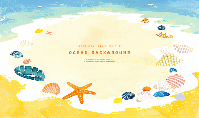 PSD 백그라운드 일러스트 조개 색연필 수채화 불가사리 사람없음 모래사장 노란색 소라 카피스페이스 국내일러스트 바다 컬러 어패류 학용품 극피동물 공백 파일형식
