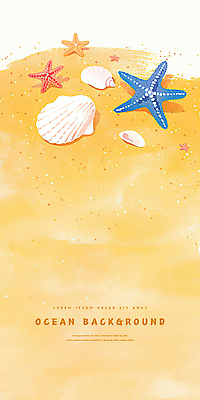 PSD 백그라운드 일러스트 조개 색연필 수채화 불가사리 사람없음 모래사장 노란색 카피스페이스 국내일러스트 바다 컬러 어패류 학용품 극피동물 공백 파일형식