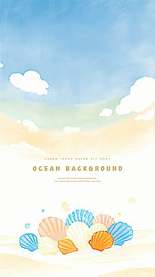PSD 바다 하늘색 백그라운드 일러스트 조개 색연필 수채화 불가사리 사람없음 카피스페이스 국내일러스트 어패류 학용품 극피동물 파란색 공백 파일형식
