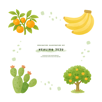 PSD 스티커 잎 일러스트 수채화 바나나 사람없음 세트 제주도 특산물 귤나무 백년초 엘리먼트 국내일러스트 나무 식물 과일 귤 한국 파일형식