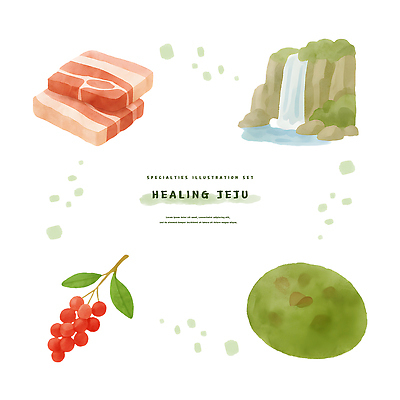 PSD 스티커 잎 일러스트 수채화 돼지고기 사람없음 세트 엘리먼트 오미자 제주흑돼지 천지연폭포 오메기떡 국내일러스트 식물 떡 육류 제주도 폭포 특산물 흑돼지 파일형식 제주음식