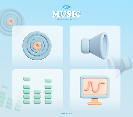 PSD 아이콘 음악 하늘색 사람없음 세트 3D아이콘 3D 확성기 카세트테이프 레코드 크기 오브젝트 사운드웨이브 편집3D 문화예술 파란색 소리 음반 디지털합성 파일형식